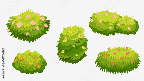 Green bushes with various flowers. Green bushes with pink, yellow, orange and red flowers isolated on a white background. Used as a landscape element to create a scene. Vector cartoon illustration