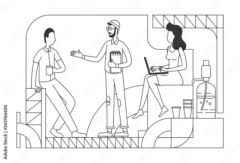 Company employees at coffee break thin line vector illustration. Office workers relaxing and chatting outline characters on white background. Business people at lounge zone simple style drawing