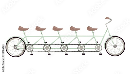 Retro tandem bicycle. The concept of a combined bike designed for several people. Illustration of tuning, travel as a team, joint outdoor activities.
