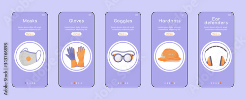 Personal protective equipment onboarding mobile app screen flat vector template. Hand and head protection. Walkthrough website steps. UX, UI, GUI smartphone cartoon interface, case prints set