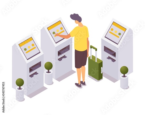 Isometric man self check-in for the flight at airport