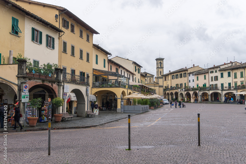 view of the Matteotti square in the historic center of Greve in Chianti, Florence, Tuscany, Italy