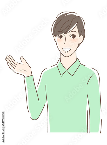 笑顔で手のひらを差し出す男性