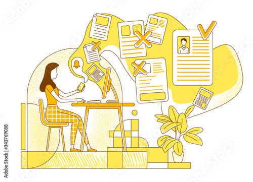 Selecting candidates flat silhouette vector illustration. HR manager, employer character on yellow background. Recruiter evaluating applicants CV, searching for personnel simple style drawing
