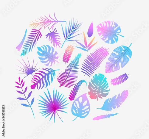 Set of vector illustration of tropical fern leaves in color Purple, yellow, light blue .Exotic art design. Natural decorative element decorative background for textile print and decor.