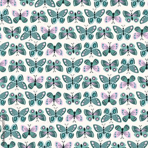 Seamless vector background with blue butterflies on a white fon