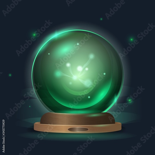 Magic crystal ball in a mystical emerald radiance. Graphic illustration of magical prediction, mystery, good luck, emerald green symbol of the incomprehensible, art concept of secrets