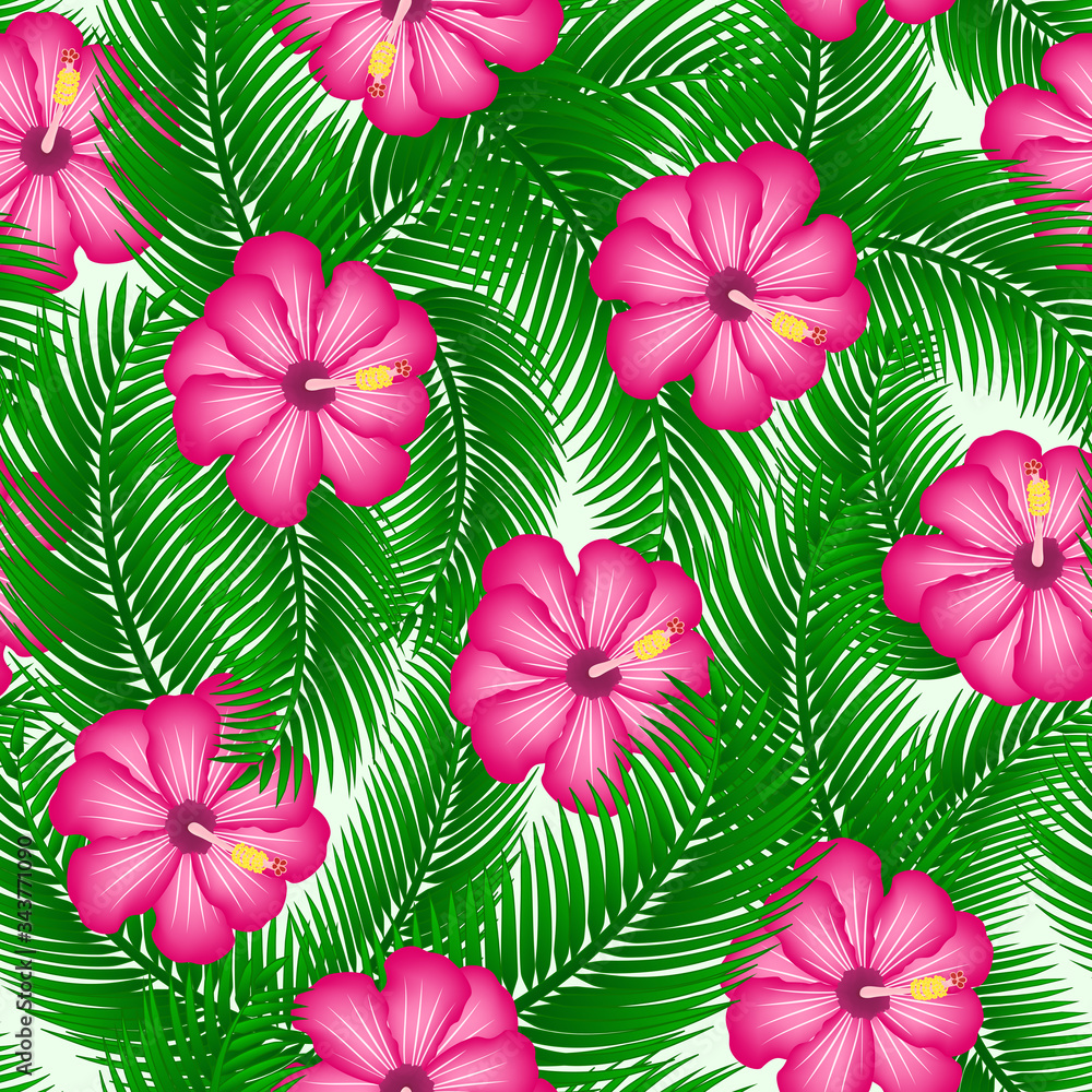 Fototapeta premium Tropical seamless pattern with pink hibiscus flower and palm leafs decoration. Exotic texture on light green isolated background.