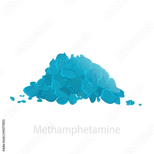 The drug is methamphetamine in the form of a pile of blue crystals. The concept of MDMA, ecstasy, chemical psychoactive stimulant, psychedelics.