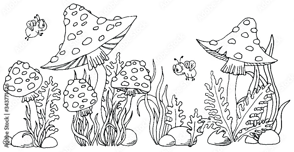 Mushroom mushroom drawing in black outline on a white background. To decorate Mushroom mushroom drawing in black outline on a white background. To decorate
