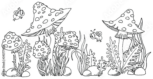 Mushroom mushroom drawing in black outline on a white background. To decorate