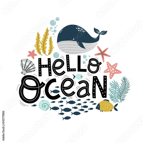 hello ocean lettering, cute blue whale and mollusks, cartoon vector illustration hand drawing