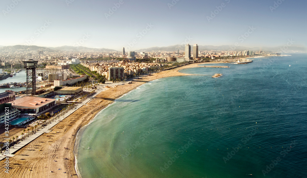 Barceloneta beach at sunset from aerial view, Barcelona