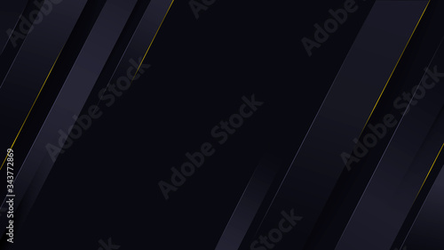 Polygonal abstract block on a black and blue background with golden lines. Volumetric blue lines on the sides with a gold edging. Vector illustration for wallpaper, business cards and background.