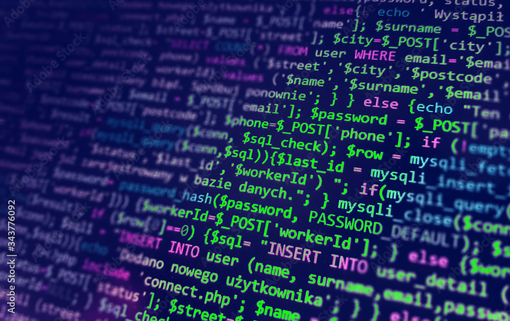 Programming code on monitor screen. Developer work. Abstract background for search job. HTML, php web programming source code. Programming code on monitor screen. Developer work. Abstract background for search job. HTML, php web programming source code.