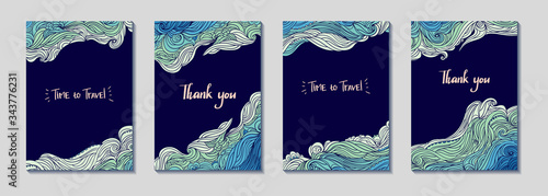 Set of four vertical waves borders. Elegant wavy striped frame. Hand-drawn banners in doodle style. Template for cards, invitations, flyers or posters. Text. EPS 10.