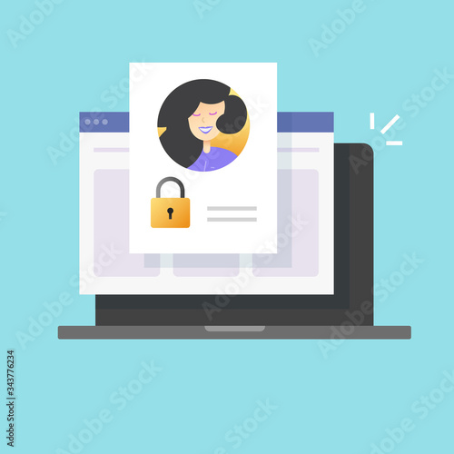 Personal profile password secure account access denied online or web digital internet private authentication technology vector flat cartoon, computer laptop blocked or protected user info icon