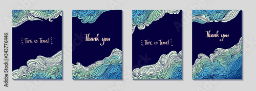 Set of four vertical waves borders. Elegant wavy striped frame. Hand-drawn banners in doodle style. Template for cards, invitations, flyers or posters. Text. EPS 10.