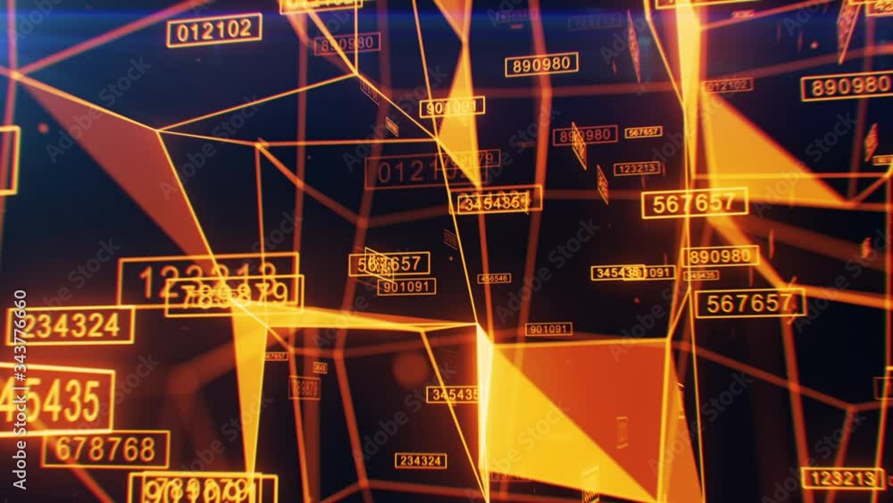 Beautiful Digital Abstract Network Working Process. Moving Through the Grid with Numbers and Light Flashes. Orange and Blue 3d Animation. Technology and Business Concept. 4k Ultra HD 3840x2160.