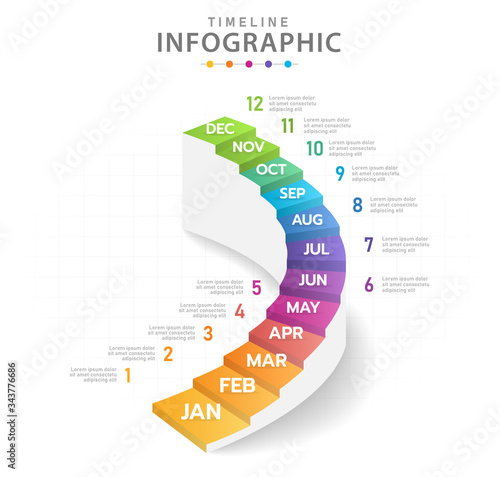 Infographic template for business. Modern Timeline diagram calendar with stair grantt chart.