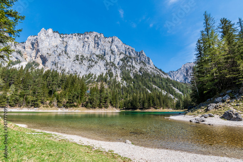 the "Pribitz" mountain on the left and "Meßnerin" mountain on the right, seen from "Grüner See / green lake" in the "Hochschwab" mountainrange, Styria, Austria