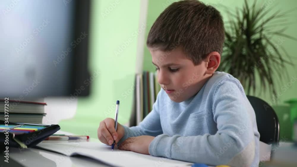 children learning, small smart elementary school student learns lessons at home sitting at computer and watches video broadcast of lesson with teacher on monitor screen while using modern children learning, small smart elementary school student learns lessons at home sitting at computer and watches video broadcast of lesson with teacher on monitor screen while using modern