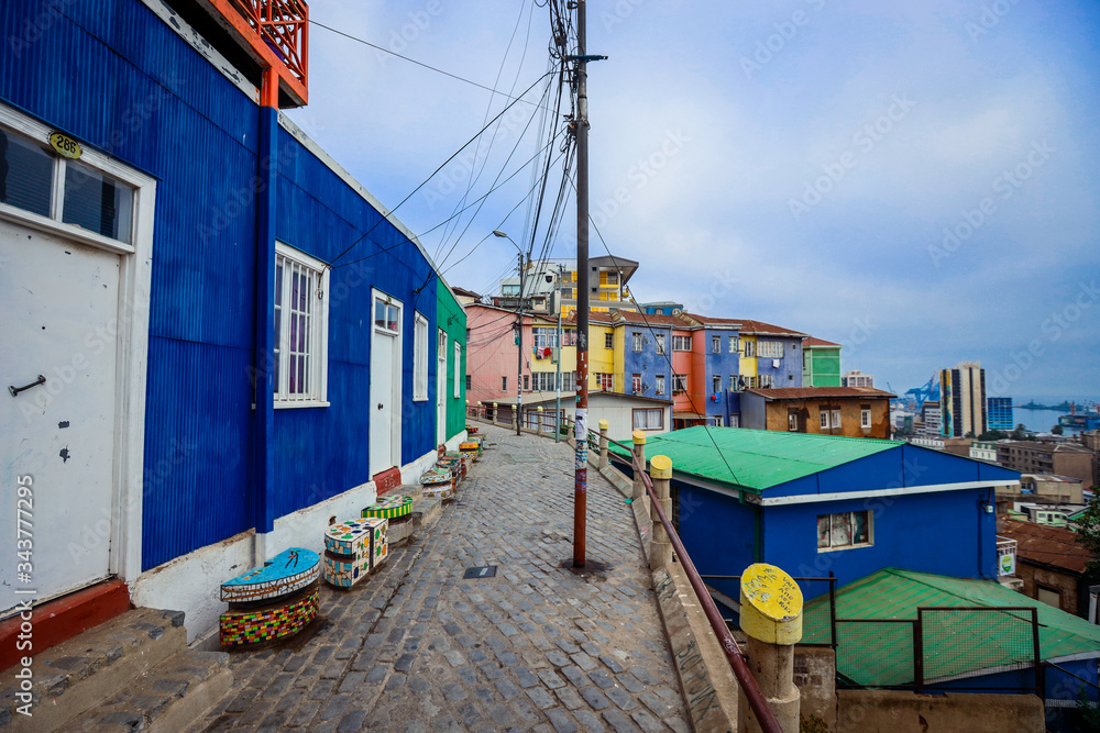 Panoramic View to the Mountain Hills with the Colorful and Bright Buildings with Painting, Valparaiso, Chile Panoramic View to the Mountain Hills with the Colorful and Bright Buildings with Painting, Valparaiso, Chile