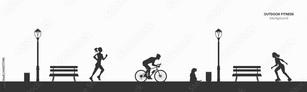 Obraz premium Outdoor fitness. Silhouettes of runner, roller and bicyclist. Park landscape with athletic men and women. Workout panorama. Sports action