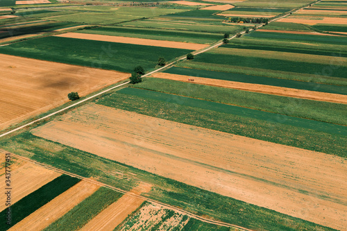 Aerial view of countryside farming field patchwork from drone pov © Bits and Splits