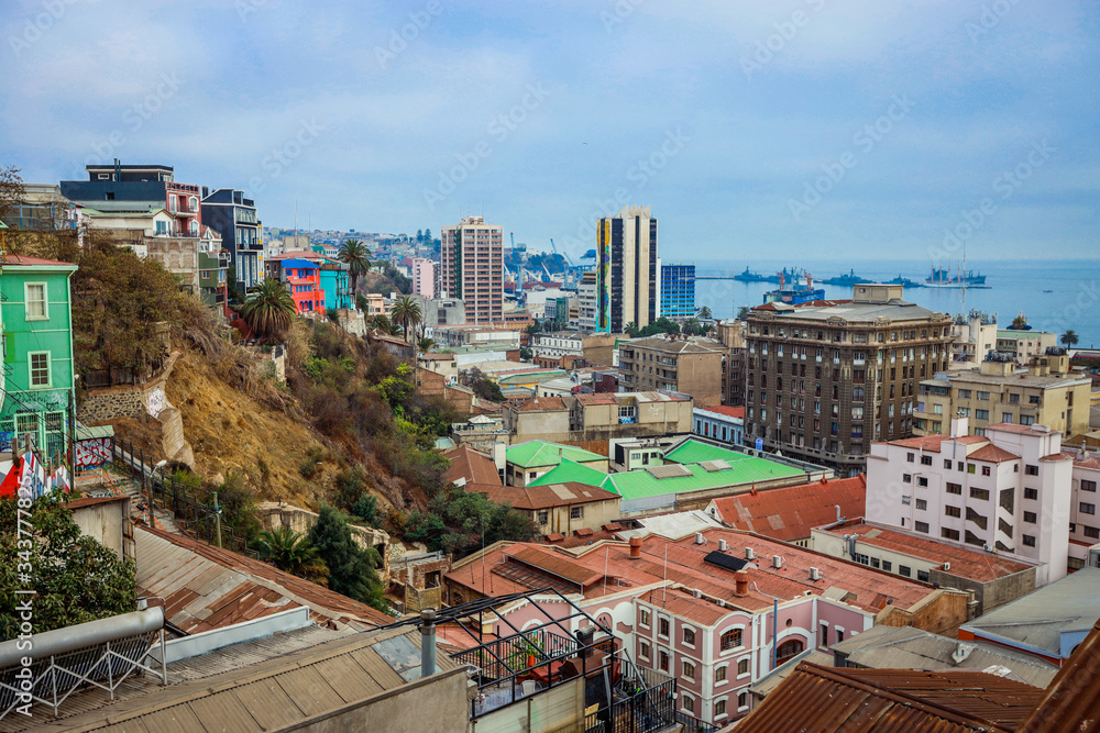 Panoramic View to the Mountain Hills with the Colorful and Bright Buildings with Painting, Valparaiso, Chile 