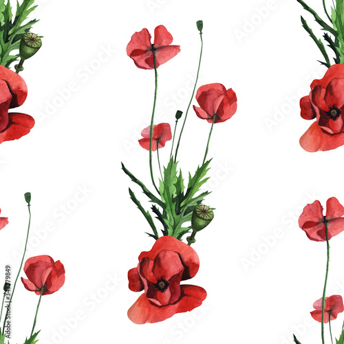 Fototapeta Naklejka Na Ścianę i Meble -  Watercolor seamless floral pattern with wild red poppies. Hand drawing decorative background. Hand drawn watercolor illustration. Print for textile, cloth, wallpaper, scrapbooking