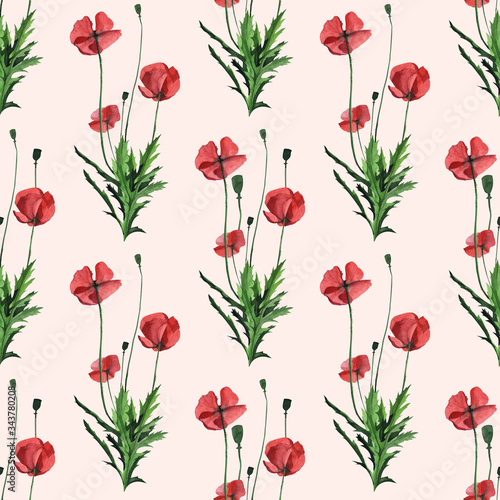 Watercolor seamless floral pattern with wild red poppies. Hand drawing decorative background. Hand drawn watercolor illustration. Print for textile  cloth  wallpaper  scrapbooking