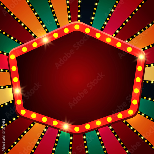 Retro red banner on colorful shining circus wheel background. Design for presentation, concert, show