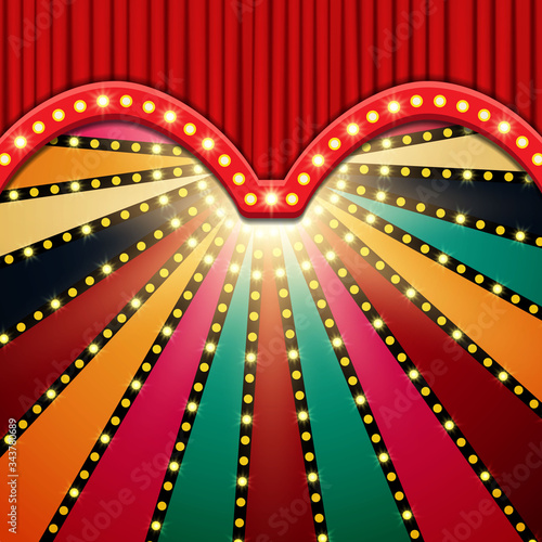 Background with red circus curtain. Design for presentation, concert, show