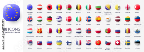 Realistic 3d glossy icons of european countries, european flags. Vector illustration