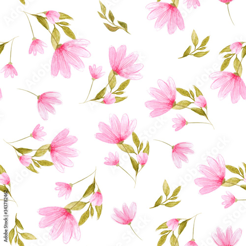Beautiful watercolor hand drawn seamless pattern. Elegant green branches with pink flowers