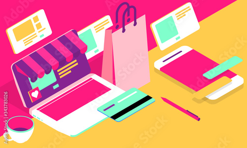 Online shopping concept desktop with computer and paper bag, isometric illustration photo