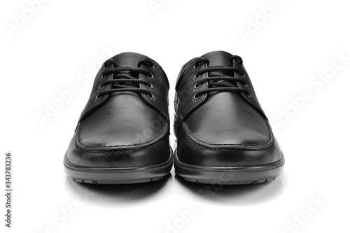 black leather men shoes isolated on white background, front view