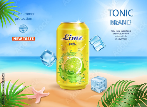 Lime juice aluminium can advertising on summer beach design. Vector mojito cocktail or citrus tonic