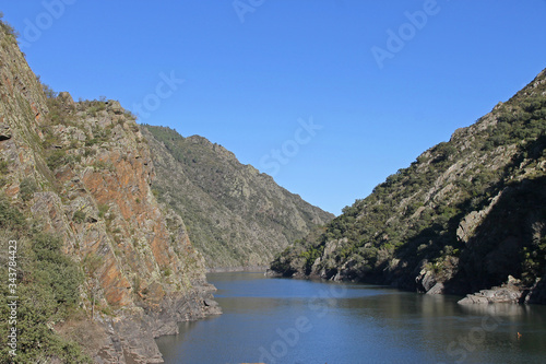 Abeleda pier in the river Sil canyon. The scenery is considered to be the most spectacular in Galicia, Spain. The walls rise almost vertically up to 500 m from water level. Is classified in Natura2000