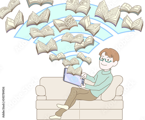 タブレット内の沢山の電子書籍を読むイメージ
