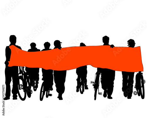 Young athlete on a bike whit red banner. Isolated silhouette on a white background