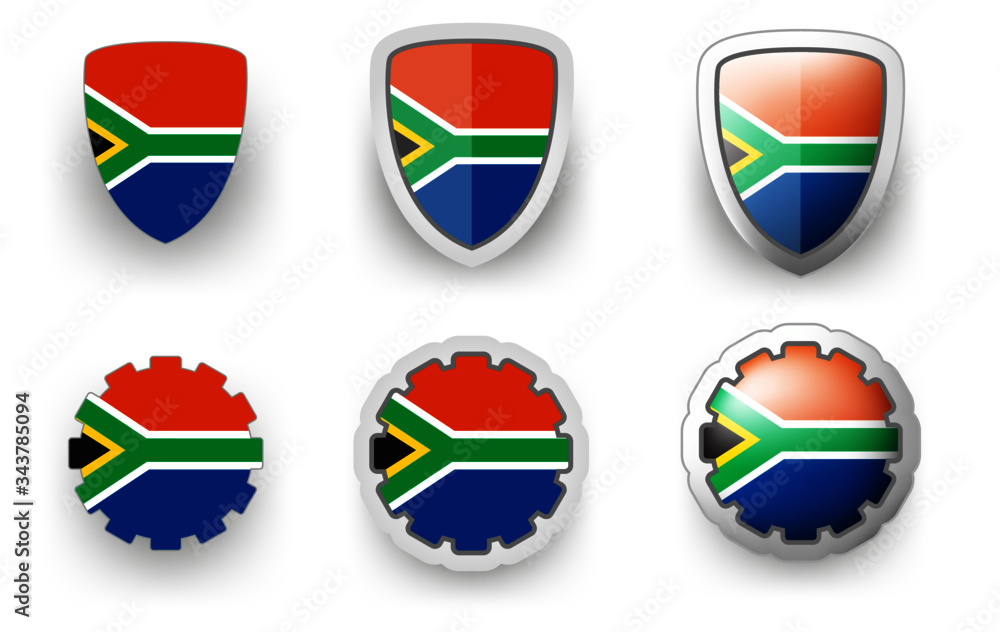 6 vector icons of South Africa flag shield button and cogwheel, flat and volumetric style in flag colors blue, red, green, gold for poster, flyer 6 vector icons of South Africa flag shield button and cogwheel, flat and volumetric style in flag colors blue, red, green, gold for poster, flyer