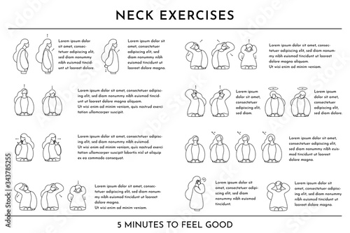 Vector isolated illustration with neck exercises by girl in flat style. Stretching activity for neck and back with pain syndrome. White background, black outline, place for text