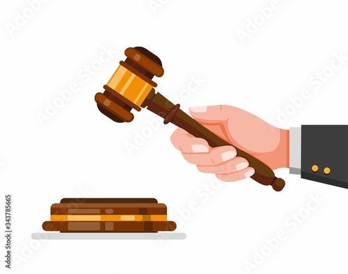 hand holding judge gavel, wooden hammer symbol for law and justice in cartoon flat illustration vector isolated in white background
