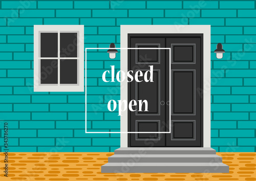 Apartment building with door, front with doorstep and steps porch, window, lamp, exterior entrance doors, brick wall. Vector illustration for design banner background. Closed open doors concept