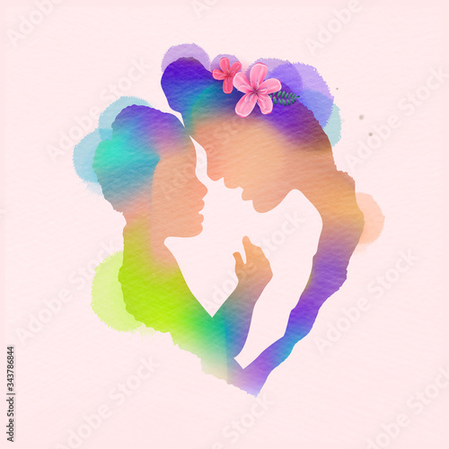 Happy mother's day. Side view of Happy mom with her child silhouette plus abstract watercolour painted. Happy mother's day. Double exposure illustration. Digital art painting. Vector illustration