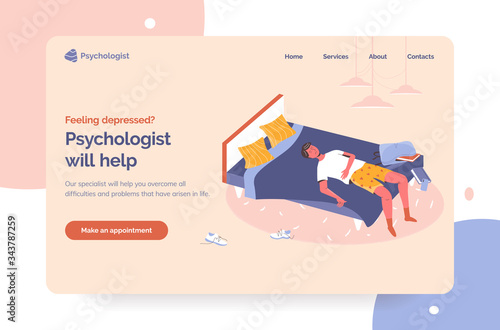 Professional psychologist help landing page first screen. Therapy sessions for depressed people hero image. Apathetic partly dressed guy laying in bad in messy room and procrastinating with smartphone
