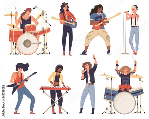 Afro-american, caucasian men, woman, musicians playing musical instruments: drums, guitar, electric bass, cymbals. Rock band. Guy, girl singing, Competition, show. Vector flat set isolated on white.