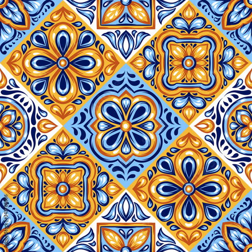 Italian ceramic tile pattern. Mediterranean porcelain pottery.